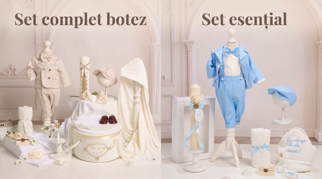 Un trusou simplu de botez include de obicei piesele textile și accesoriile necesare pentru slujbă: prosop, pânză de mir, fașă, sticluță pentru mir, săpun și alte elemente care țin de ritual. Pentru lista completă a pieselor și rolul fiecăreia, merită citit și ghidul ce conține trusoul de botez. Un trusou complet merge mai departe decât trusoul de bază. În funcție de set, poate aduce împreună trusoul, cufărul, lumânarea, ținuta copilului și alte accesorii coordonate vizual. Ideea nu este doar să fie „mai multe piese”, ci să existe o direcție unitară: aceeași temă, aceeași cromatică și mai puține decizii separate.