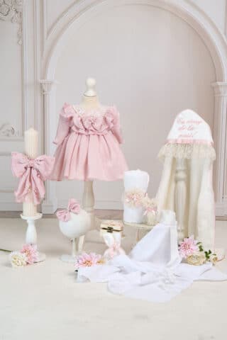 Set esențial botez Cora roz mânecă lungă + Trusou + Lumânare