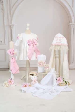 Set esențial botez Beatrice roz mânecă lungă + Trusou + Lumânare